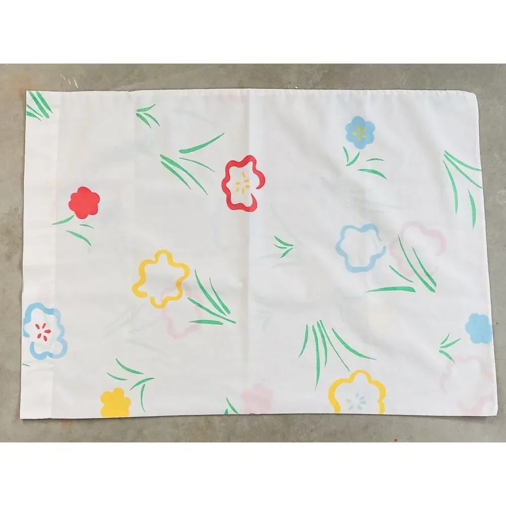 Vintage '80s Burlington CARESS Pillowcase Flower Red Yellow Rare Blue Watermelon